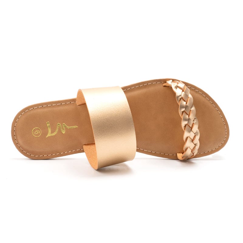 LM Women's Braided Slide Sandals Open Toe Two Strap Slip On Flat Sandals Casual Summer Shoes (8, Gold) - Image 3